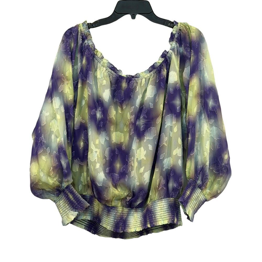 Ramy Brook Off The Shoulder Lurex Purple Green Blouse SZ XL Festival Chic Boho